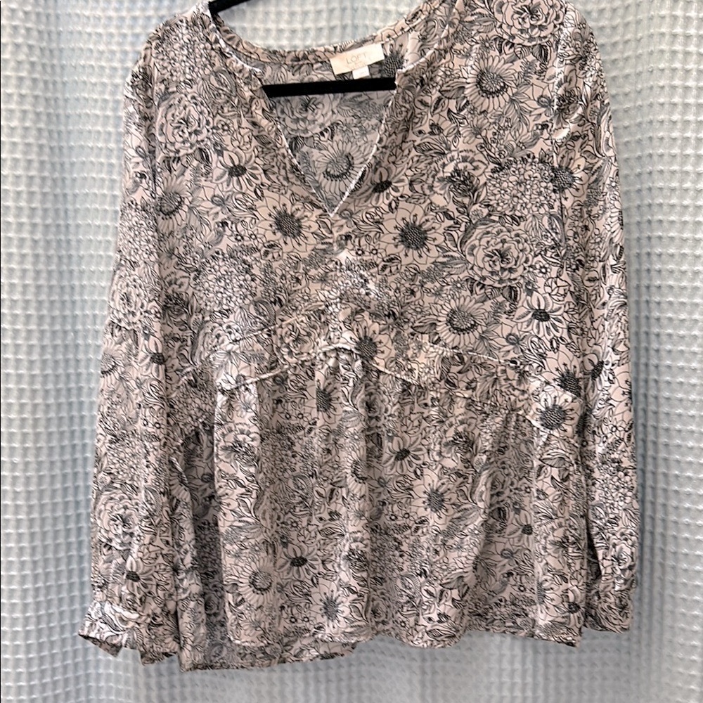 LOFT Brown and Cream Ruffled Long Sleeve Blouse